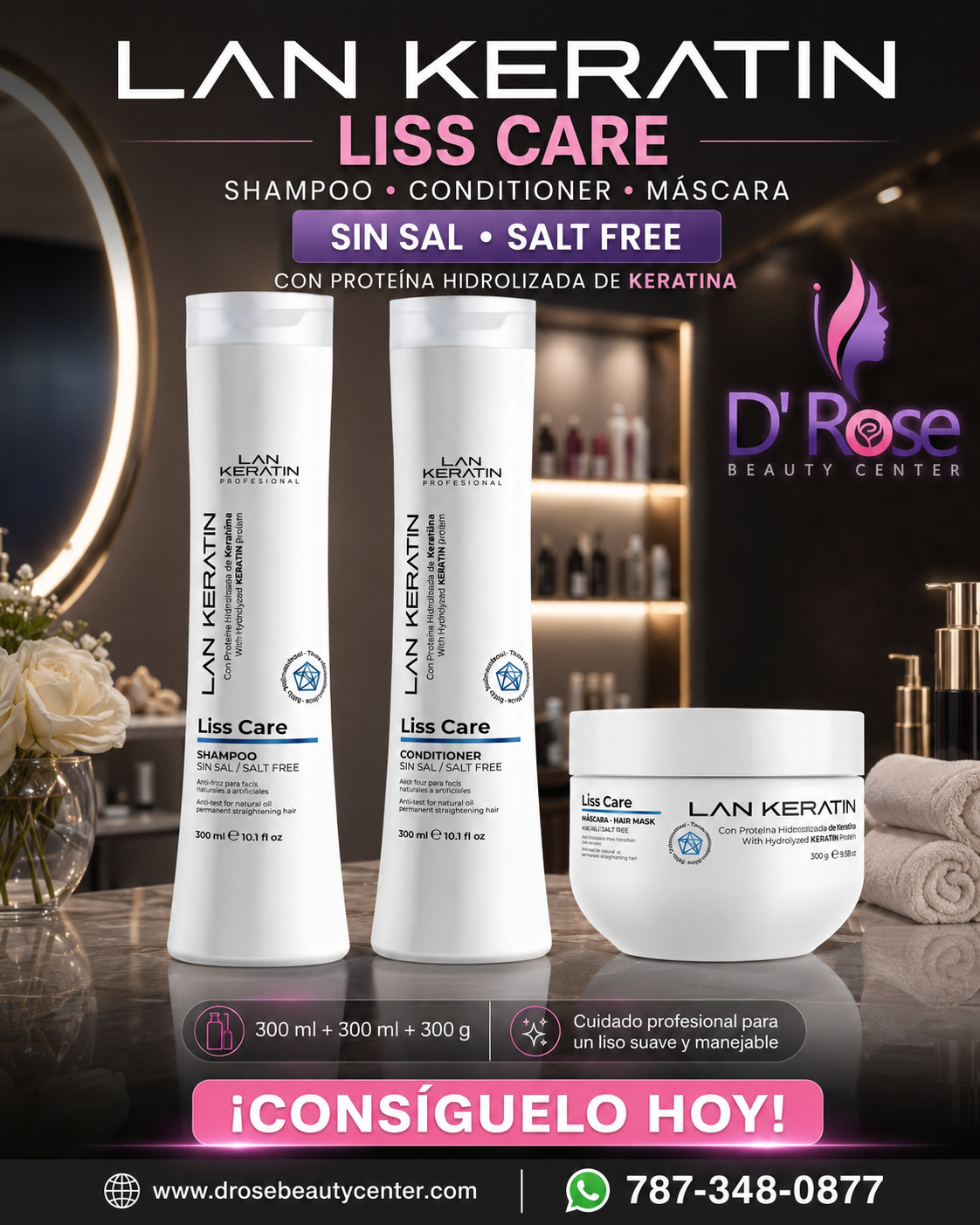 LAN KERATIN Liss Care Kit 3 Piezas Sin Sal – Shampoo, Acondicionador y Mascarilla
