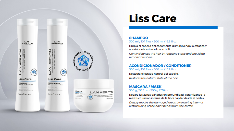 LAN KERATIN Liss Care Kit 3 Piezas Sin Sal – Shampoo, Acondicionador y Mascarilla