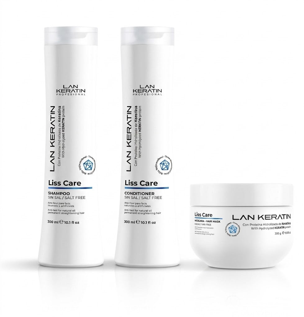 LAN KERATIN Liss Care Kit 3 Piezas Sin Sal – Shampoo, Acondicionador y Mascarilla
