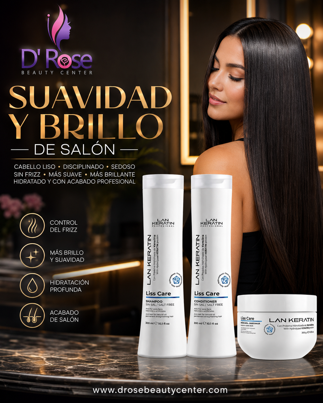 LAN KERATIN Liss Care Kit 3 Piezas Sin Sal – Shampoo, Acondicionador y Mascarilla