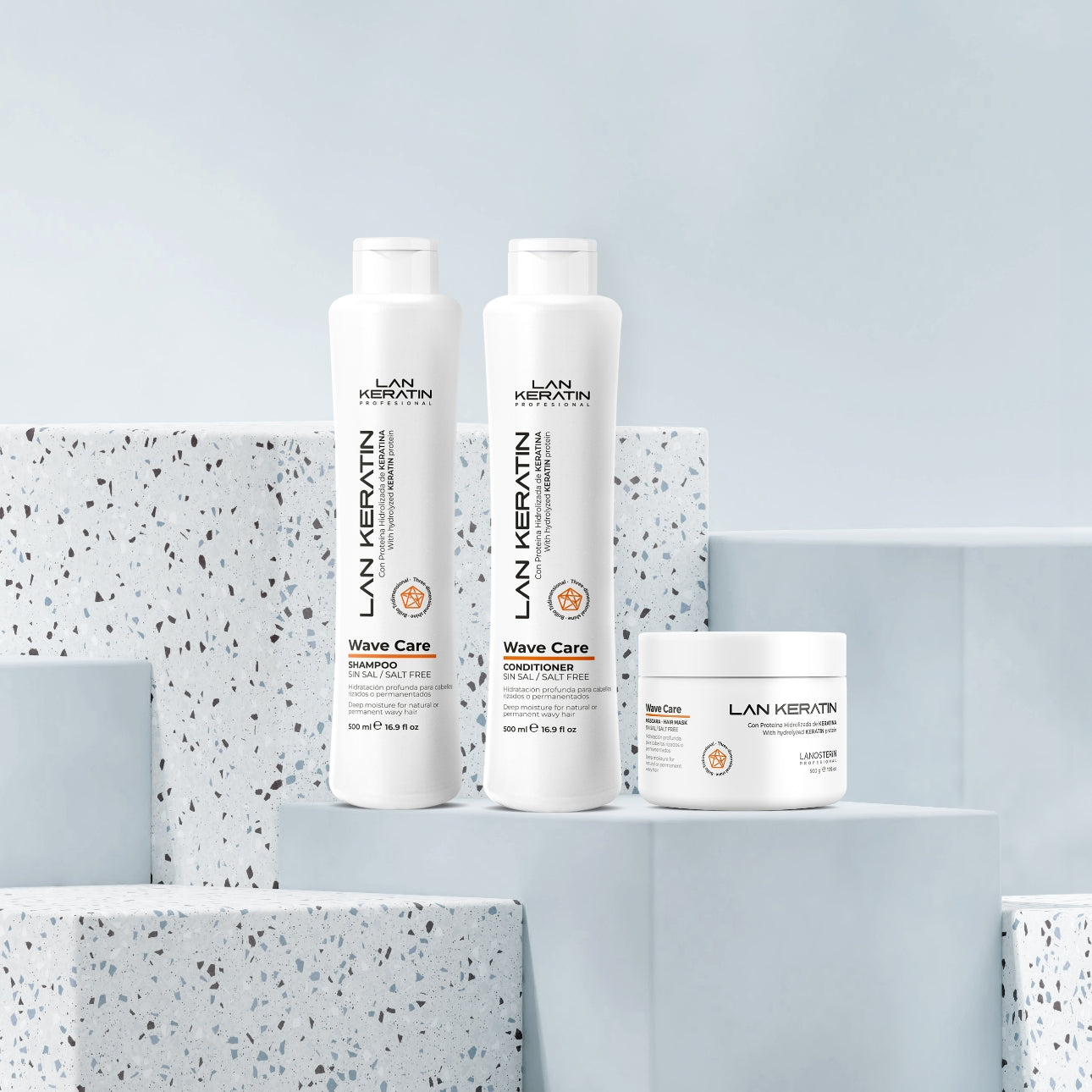 LAN KERATIN Wave Care Kit 3 Piezas Sin Sal – Shampoo, Acondicionador y Mascarilla