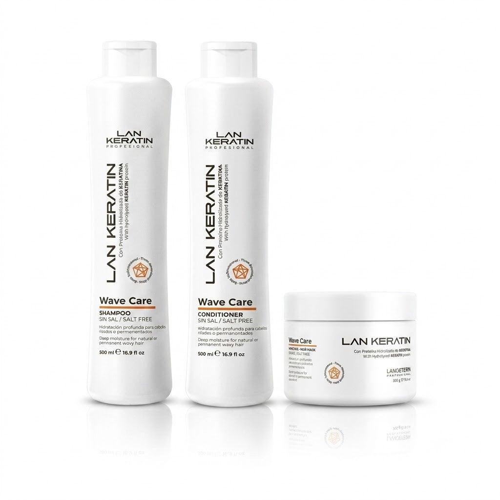 LAN KERATIN Wave Care Kit 3 Piezas Sin Sal – Shampoo, Acondicionador y Mascarilla