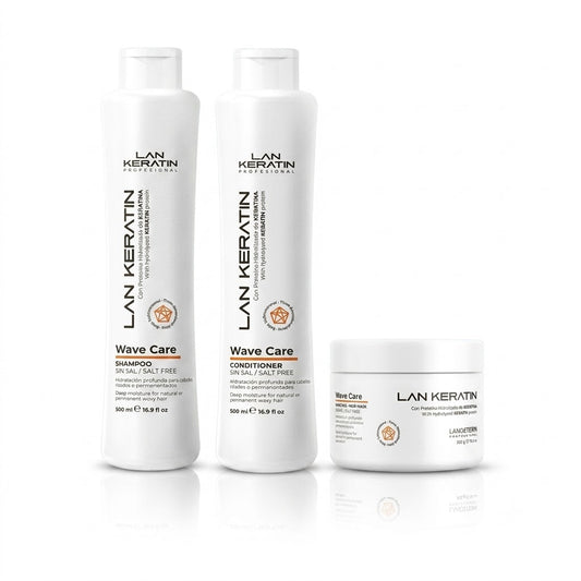 LAN KERATIN Wave Care Kit 3 Piezas Sin Sal – Shampoo, Acondicionador y Mascarilla