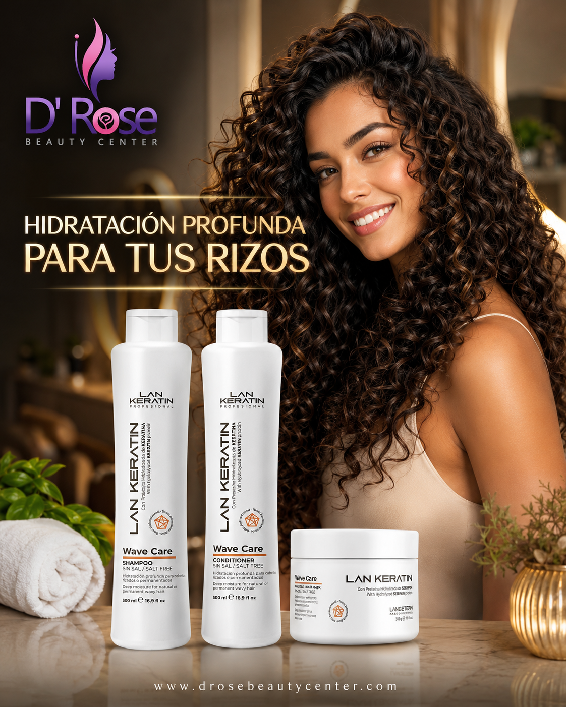 LAN KERATIN Wave Care Kit 3 Piezas Sin Sal – Shampoo, Acondicionador y Mascarilla