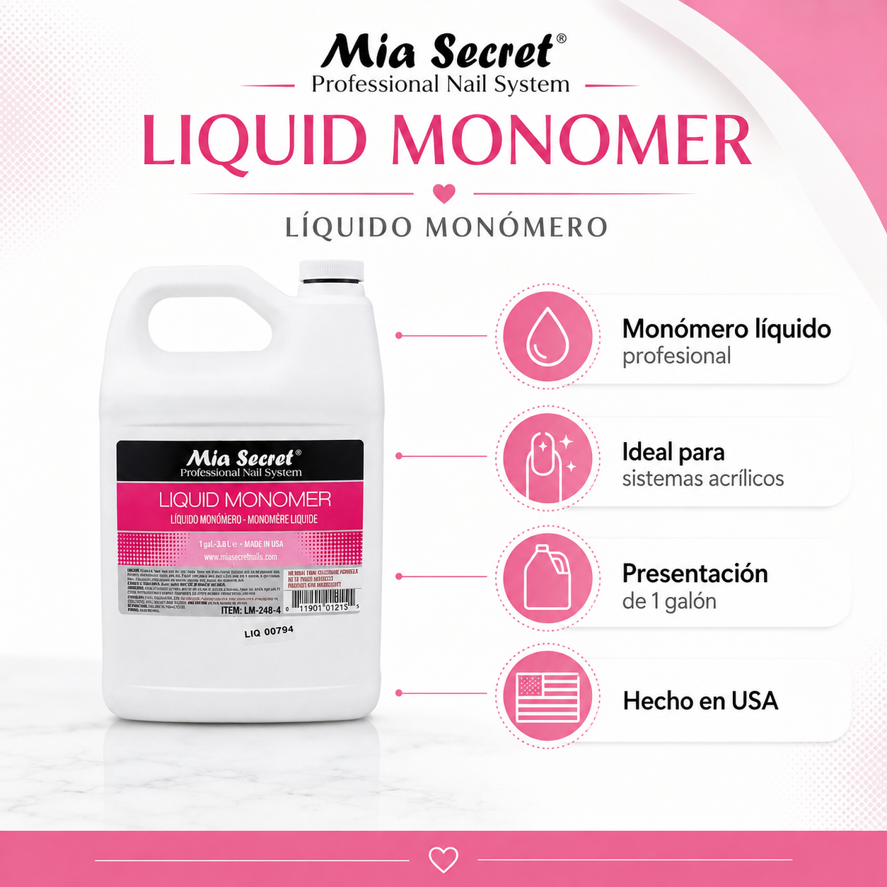Mia Secret Liquid Monomer Profesional 1 Galón 3.8 L LM-248-4 – Sin MMA