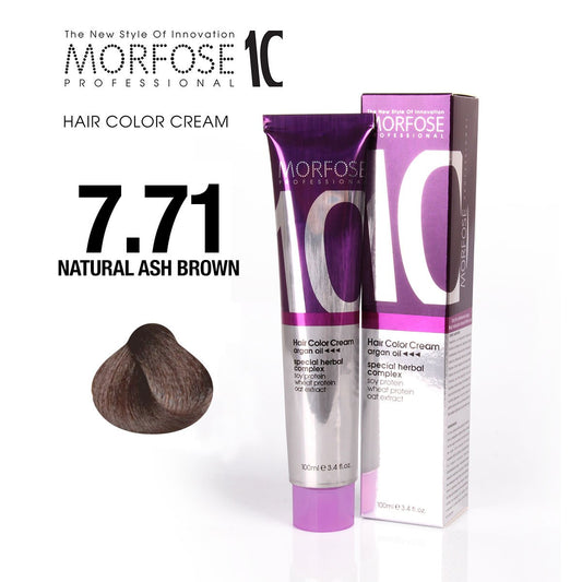Morfose 10 Hair Color Cream 7.71 – Natural Ash Brown | Tinte Profesional con Aceite de Argán | 100 ml