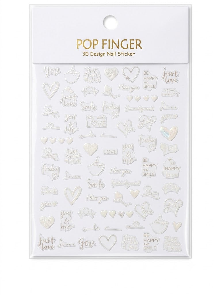 Pop Finger 3D Design Nail Stickers ME053 – Frases de Amor y Corazones Blancos Iridiscentes