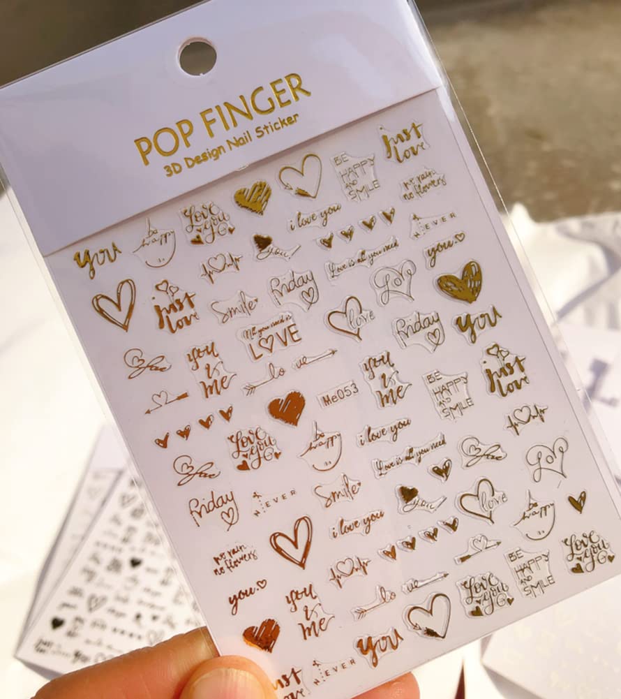 Pop Finger 3D Design Nail Stickers ME053 – Frases de Amor y Corazones Blancos Iridiscentes