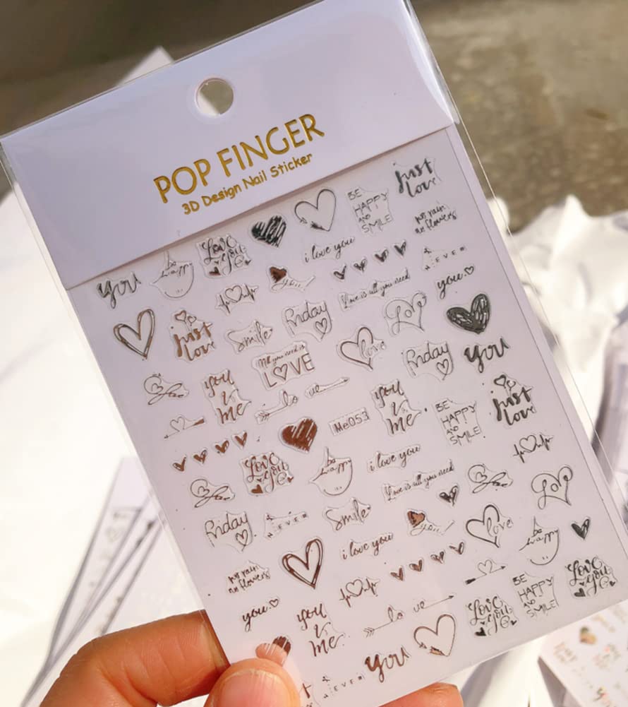 Pop Finger 3D Design Nail Stickers ME053 – Frases de Amor y Corazones Blancos Iridiscentes