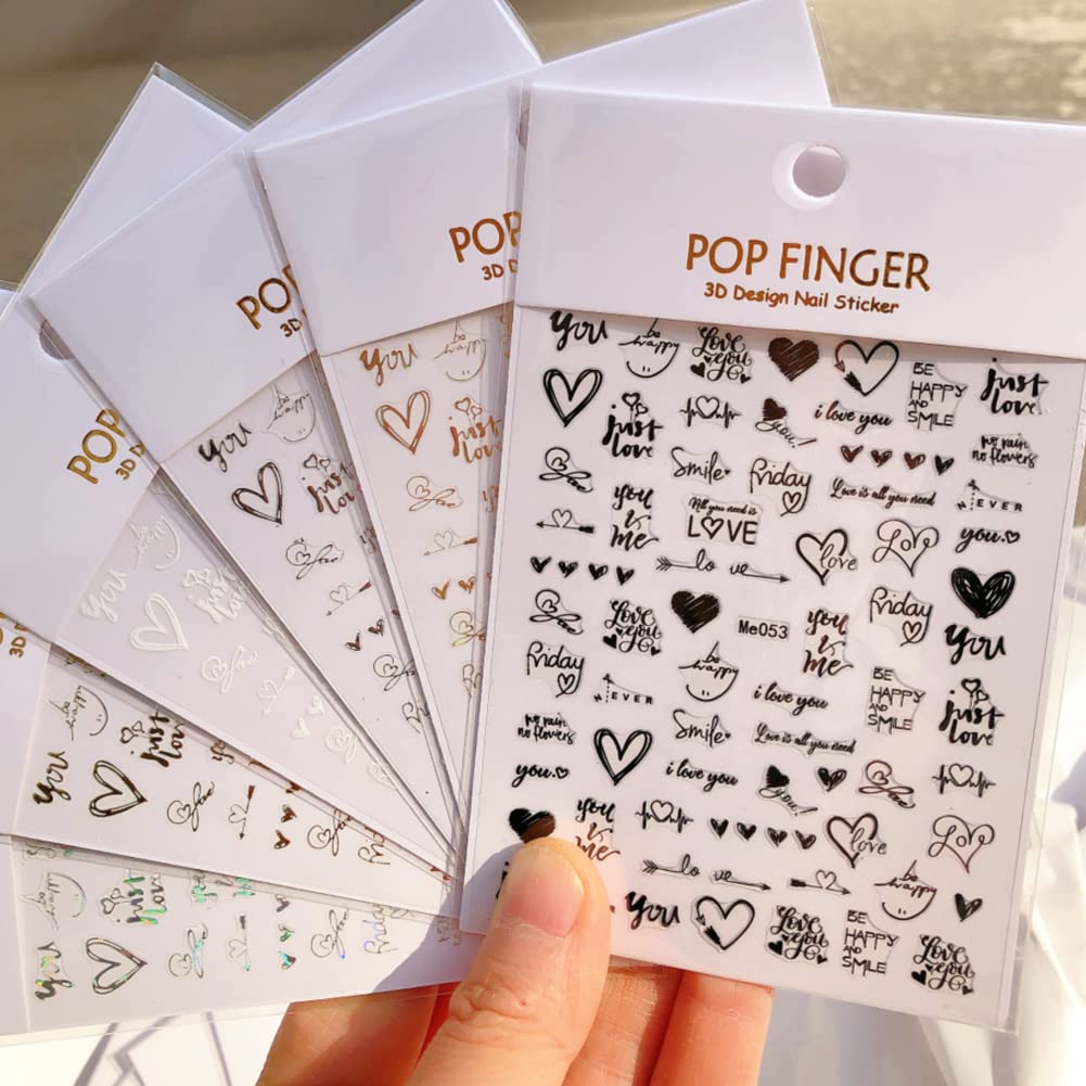 Pop Finger 3D Design Nail Stickers ME053 – Frases de Amor y Corazones Blancos Iridiscentes