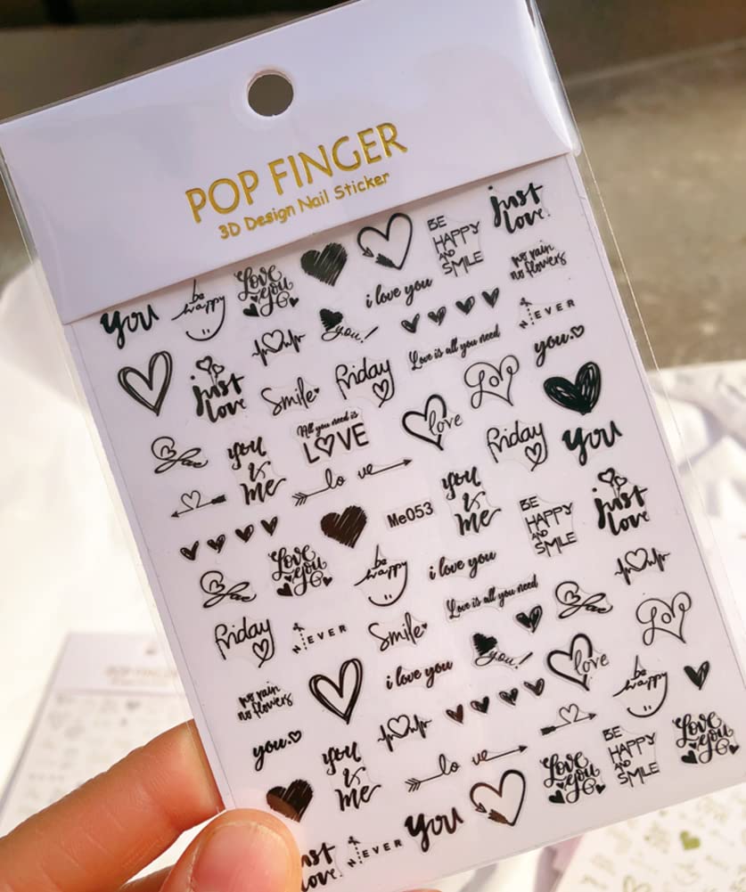 Pop Finger 3D Design Nail Stickers ME053 – Frases de Amor y Corazones Blancos Iridiscentes