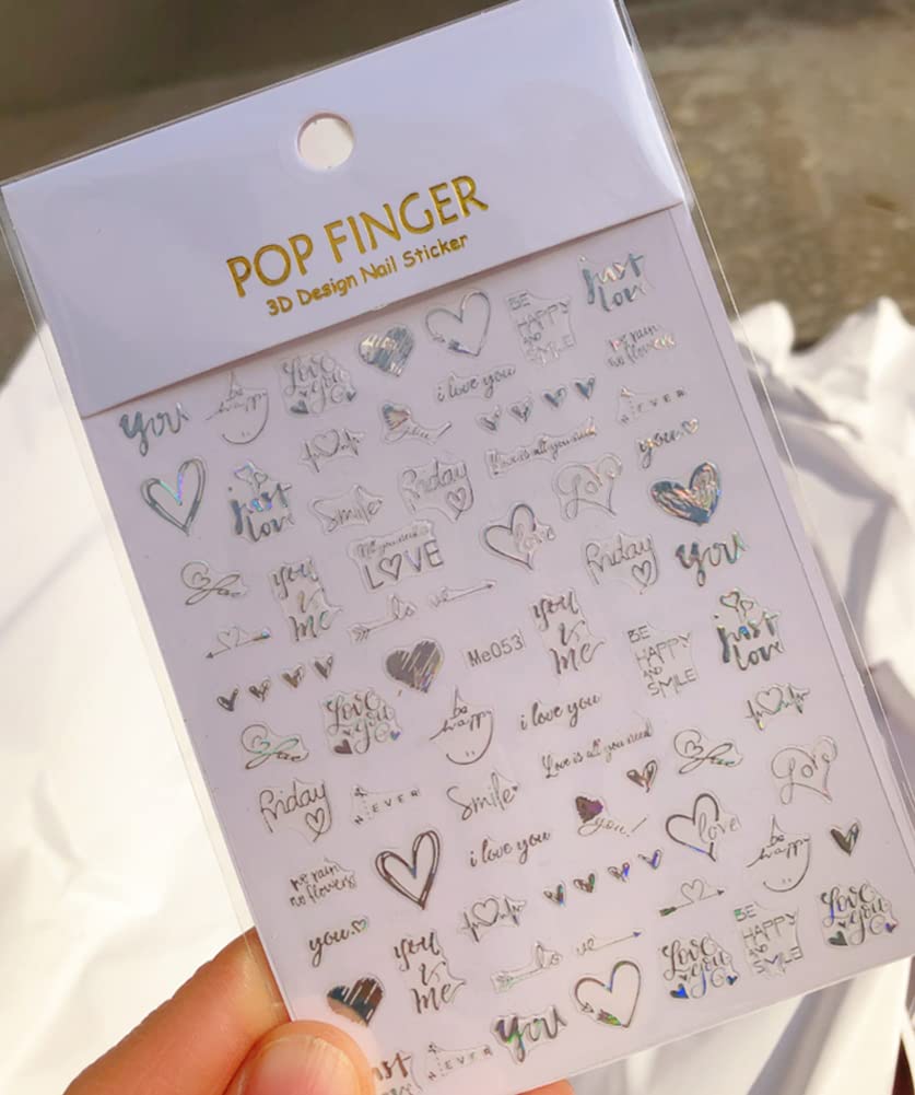 Pop Finger 3D Design Nail Stickers ME053 – Frases de Amor y Corazones Blancos Iridiscentes