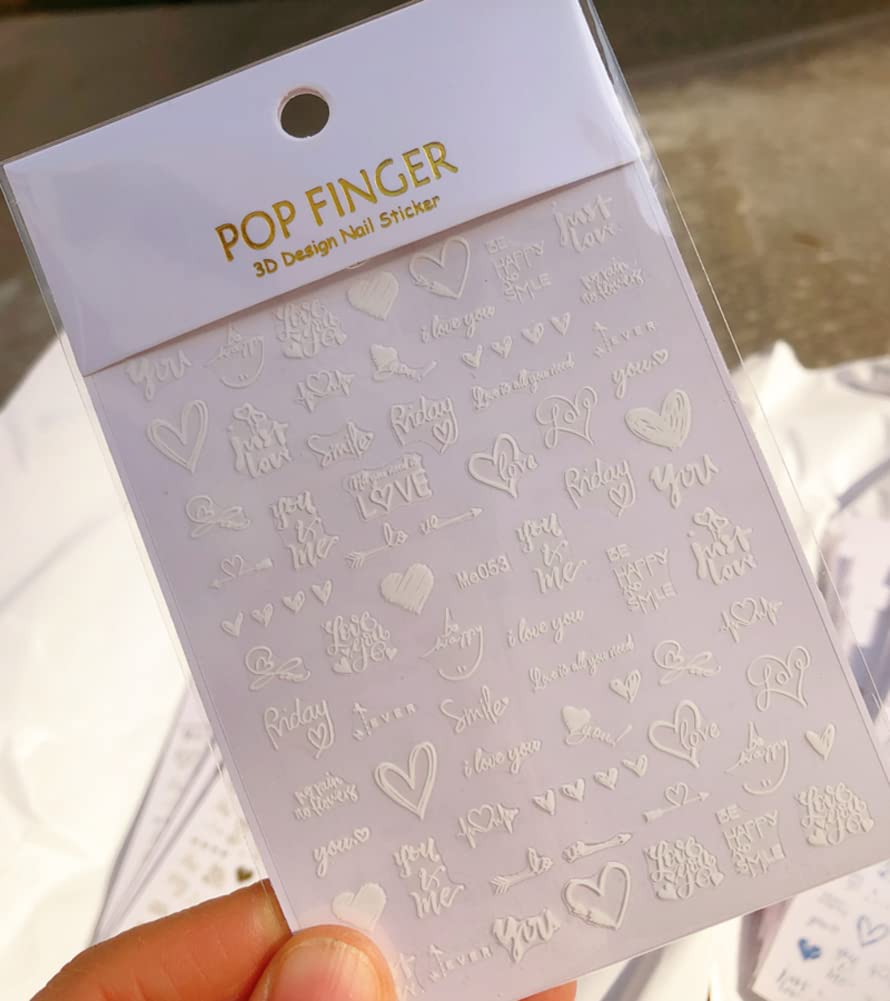 Pop Finger 3D Design Nail Stickers ME053 – Frases de Amor y Corazones Blancos Iridiscentes