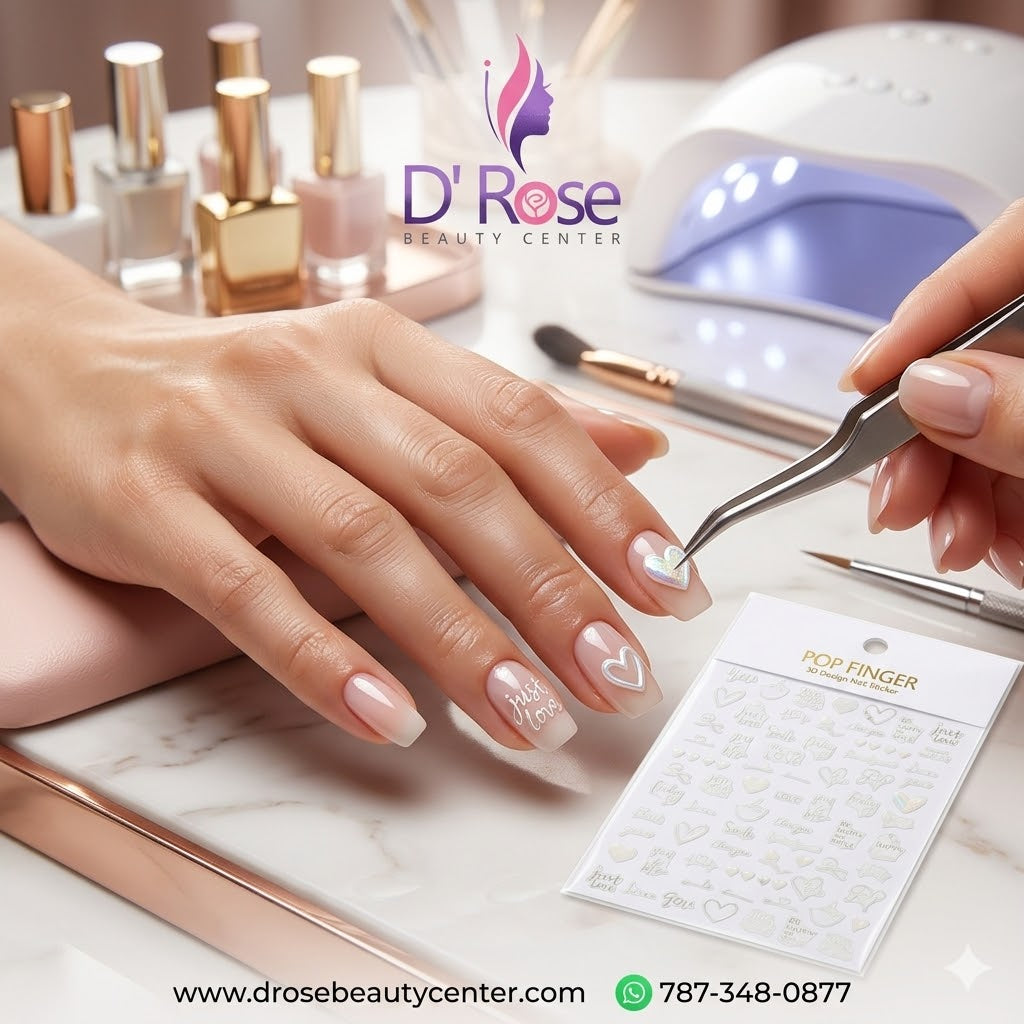 Pop Finger 3D Design Nail Stickers ME053 – Frases de Amor y Corazones Blancos Iridiscentes