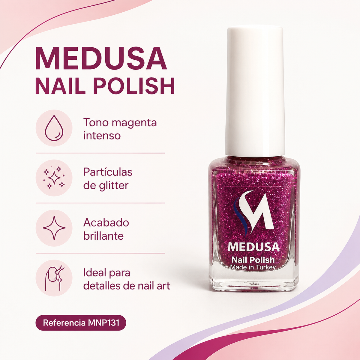 Medusa Nail Polish MNP131 – Esmalte Magenta con Glitter