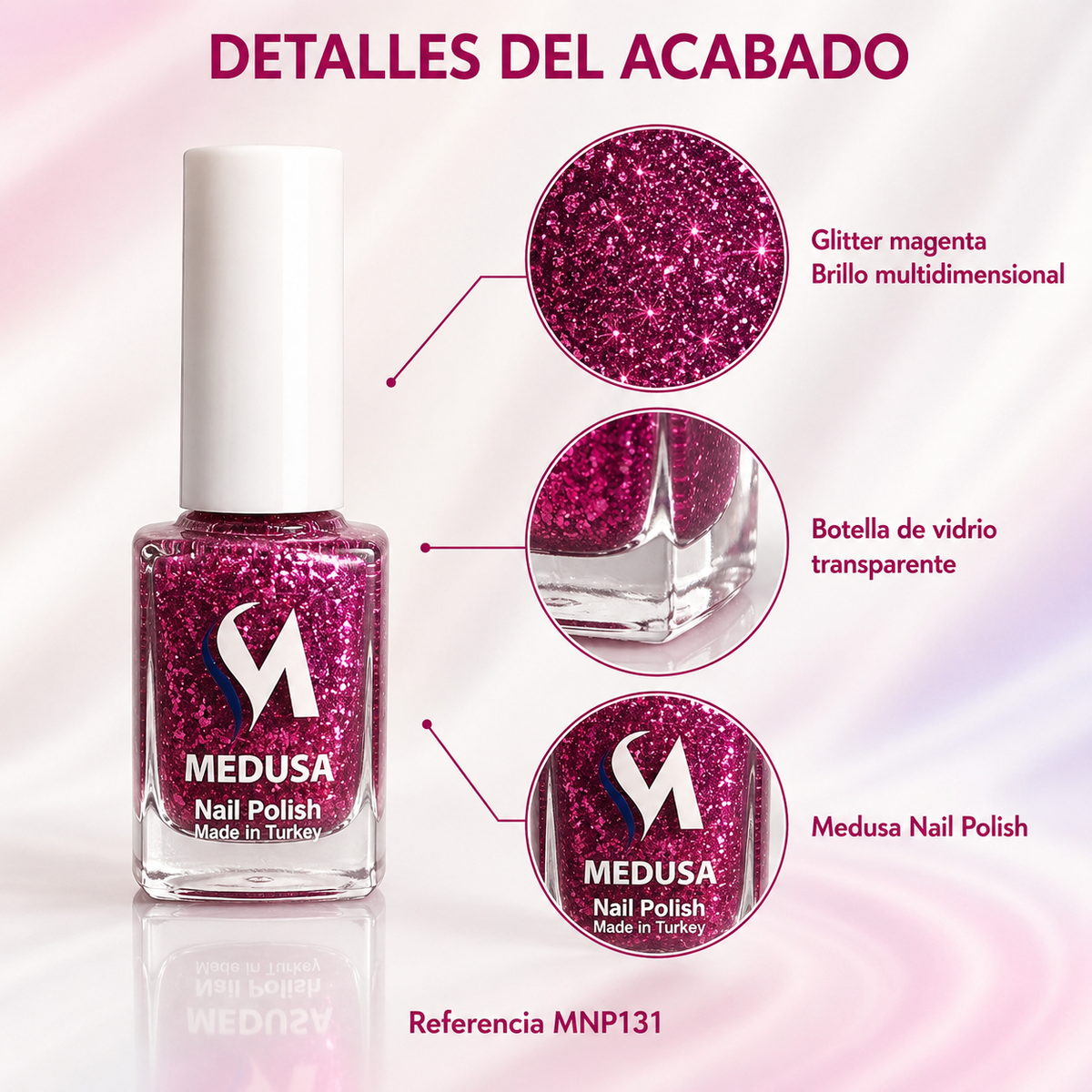 Medusa Nail Polish MNP131 – Esmalte Magenta con Glitter