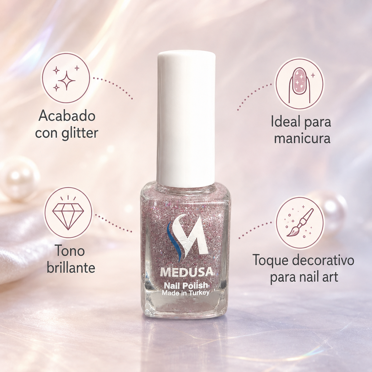 Medusa Nail Polish MNP136 Esmalte de Uñas con Glitter Rosado y Plateado