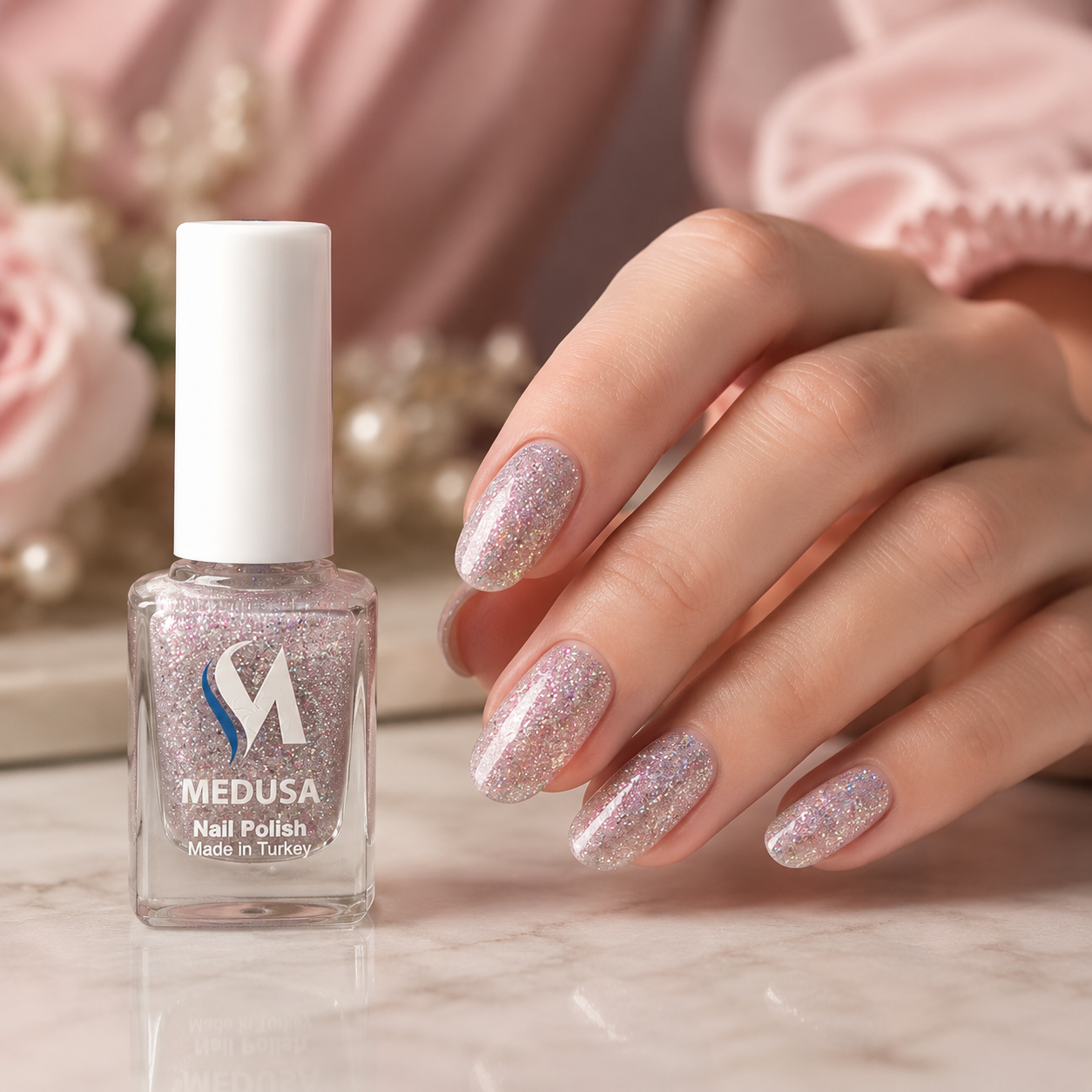 Medusa Nail Polish MNP136 Esmalte de Uñas con Glitter Rosado y Plateado