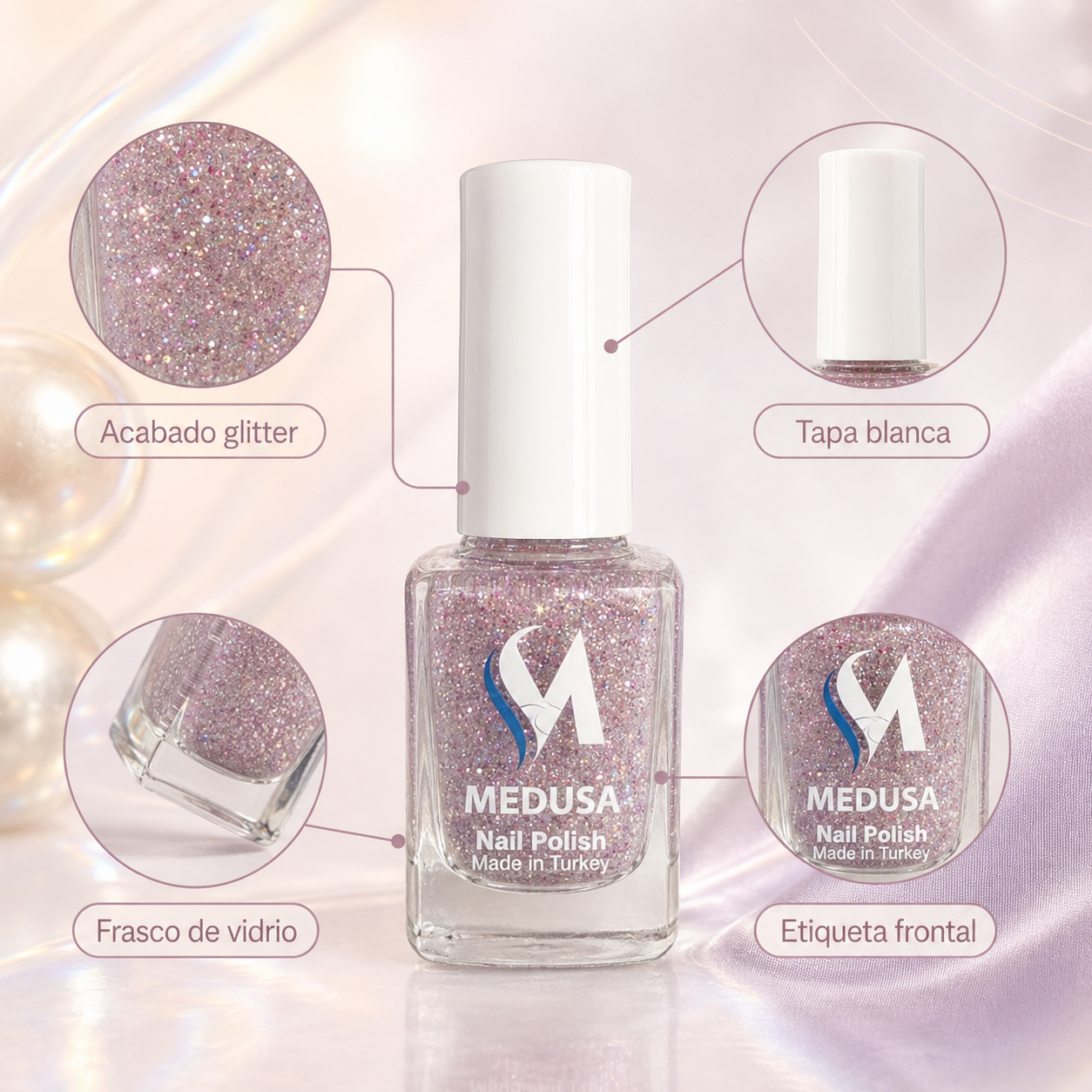 Medusa Nail Polish MNP136 Esmalte de Uñas con Glitter Rosado y Plateado
