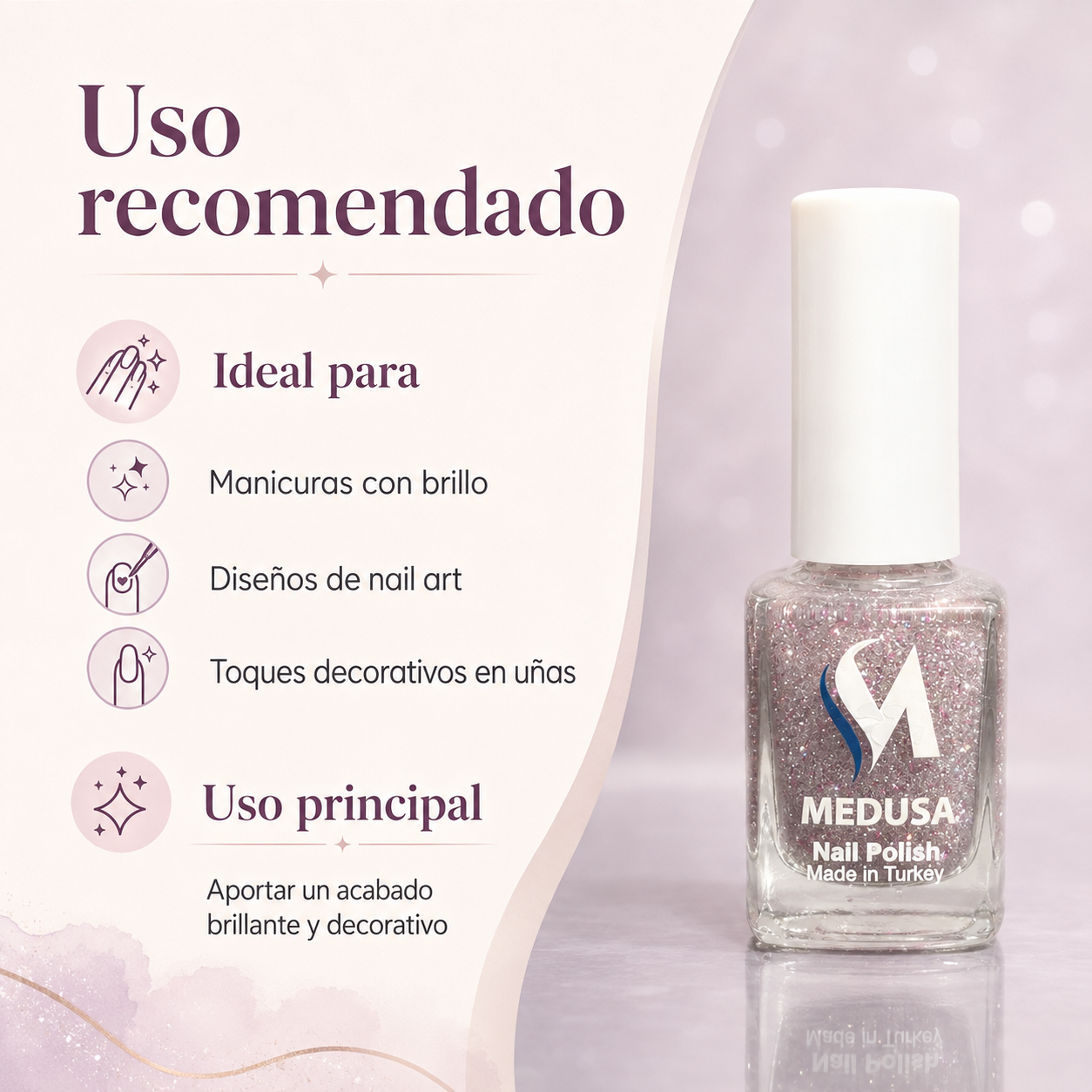 Medusa Nail Polish MNP136 Esmalte de Uñas con Glitter Rosado y Plateado