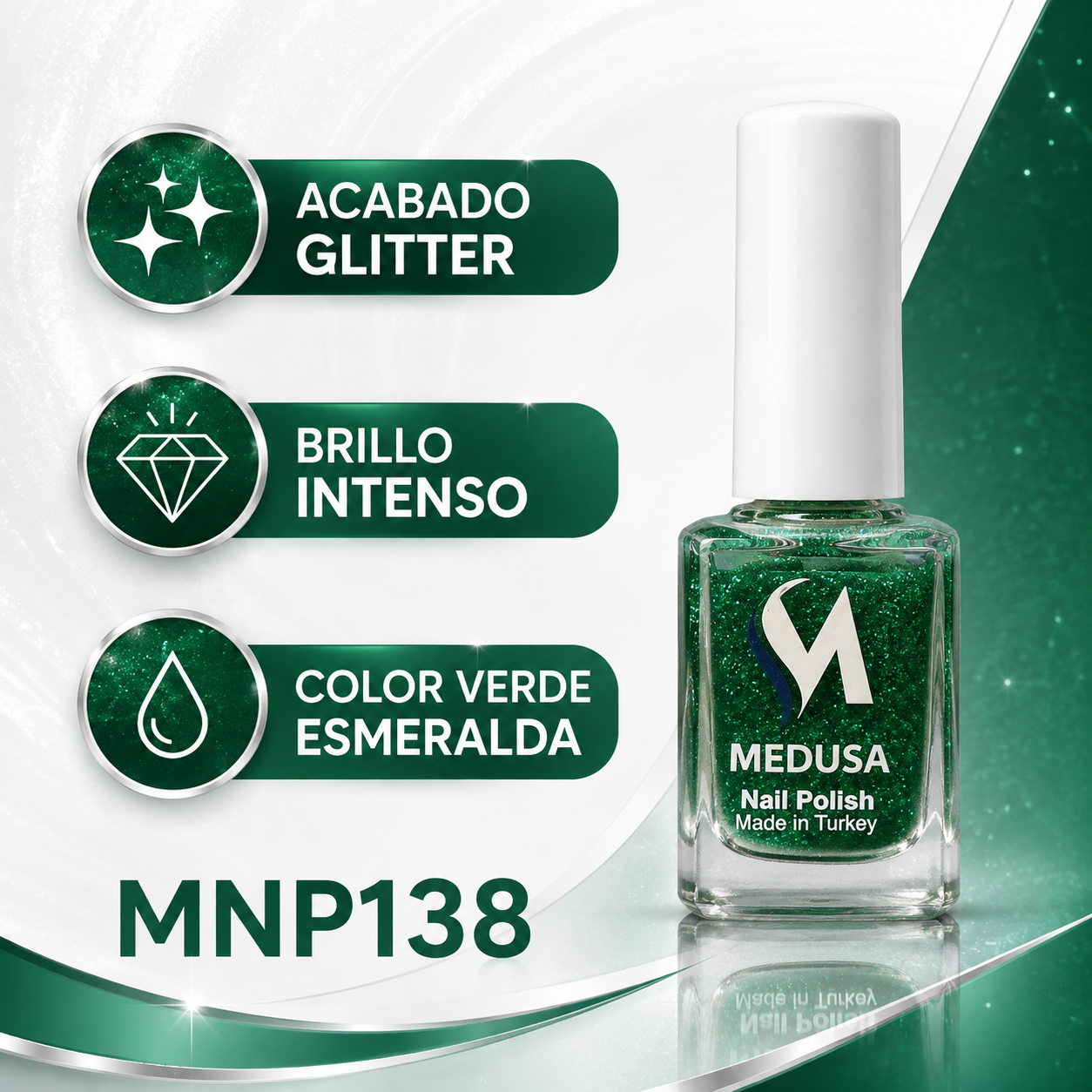 💚✨ Medusa Esmalte Verde Glitter MNP138 0.37oz