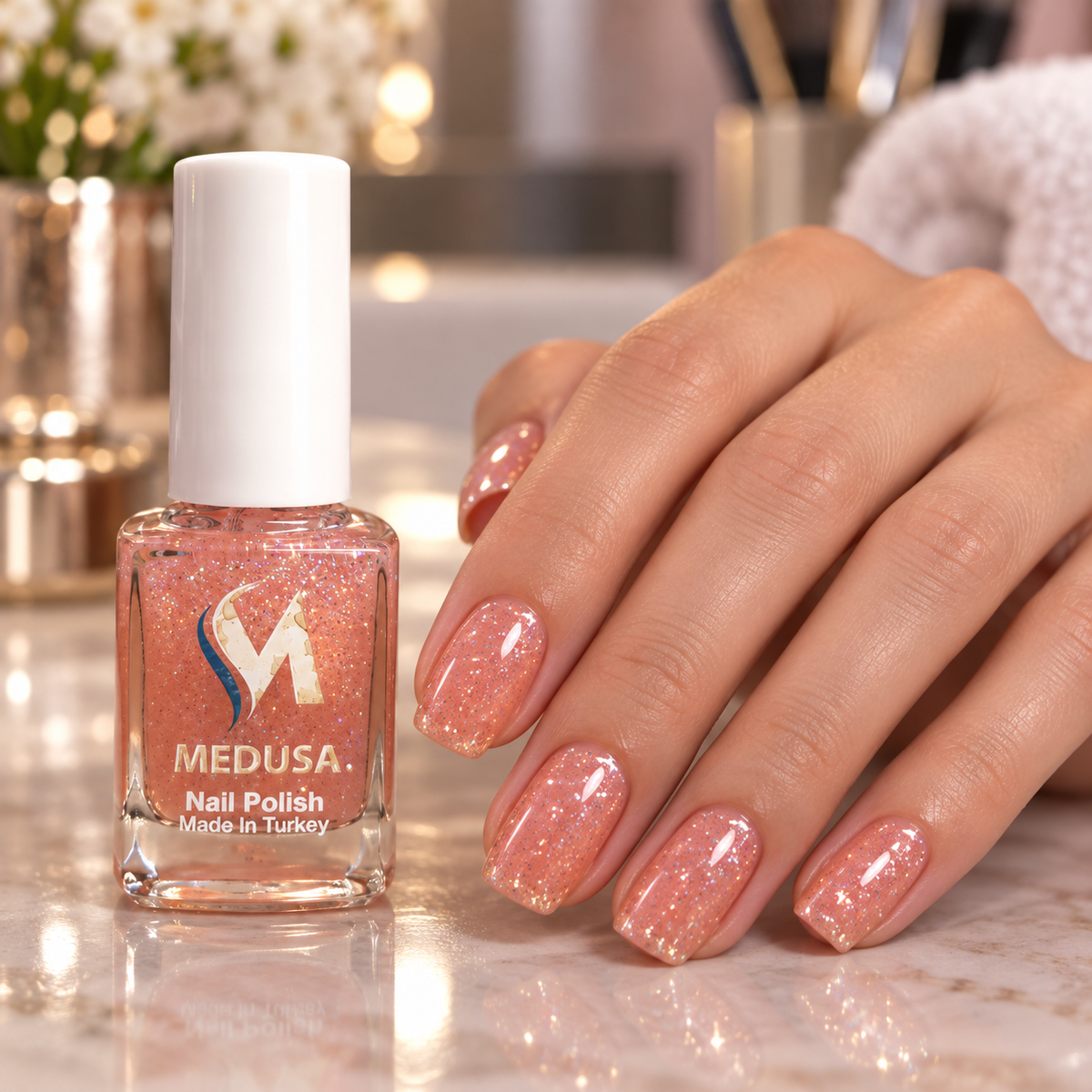 Medusa Esmalte Rosado Melocotón Glitter MNP141 0.37 oz