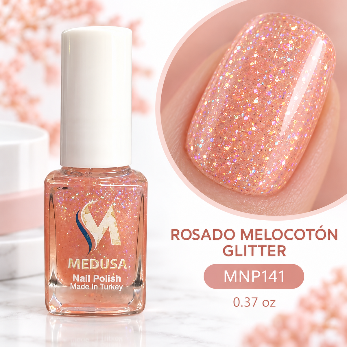 Medusa Esmalte Rosado Melocotón Glitter MNP141 0.37 oz