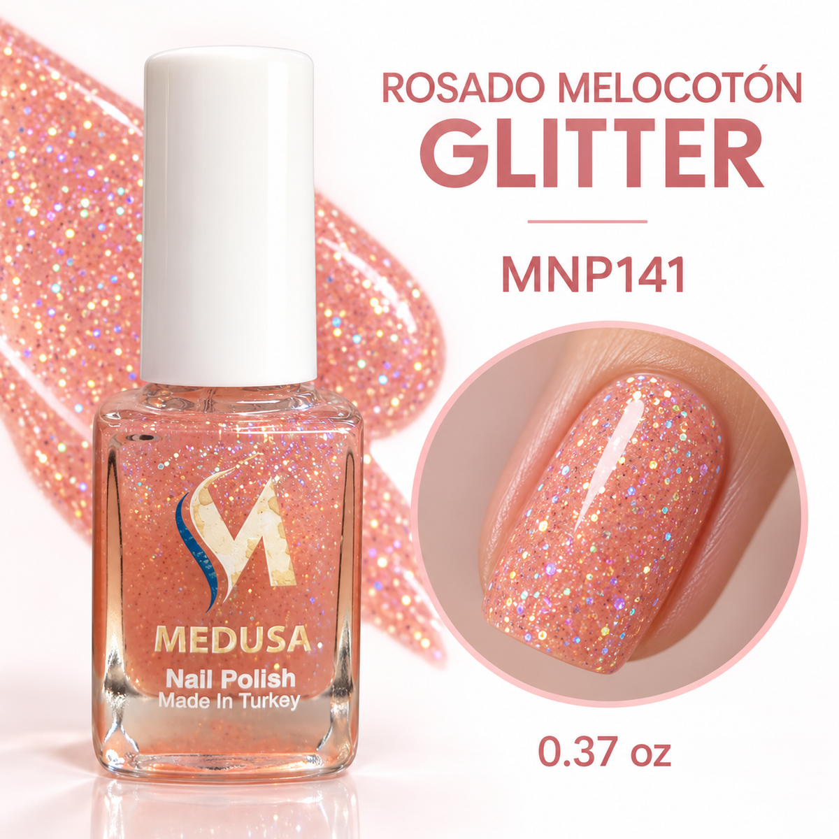 Medusa Esmalte Rosado Melocotón Glitter MNP141 0.37 oz