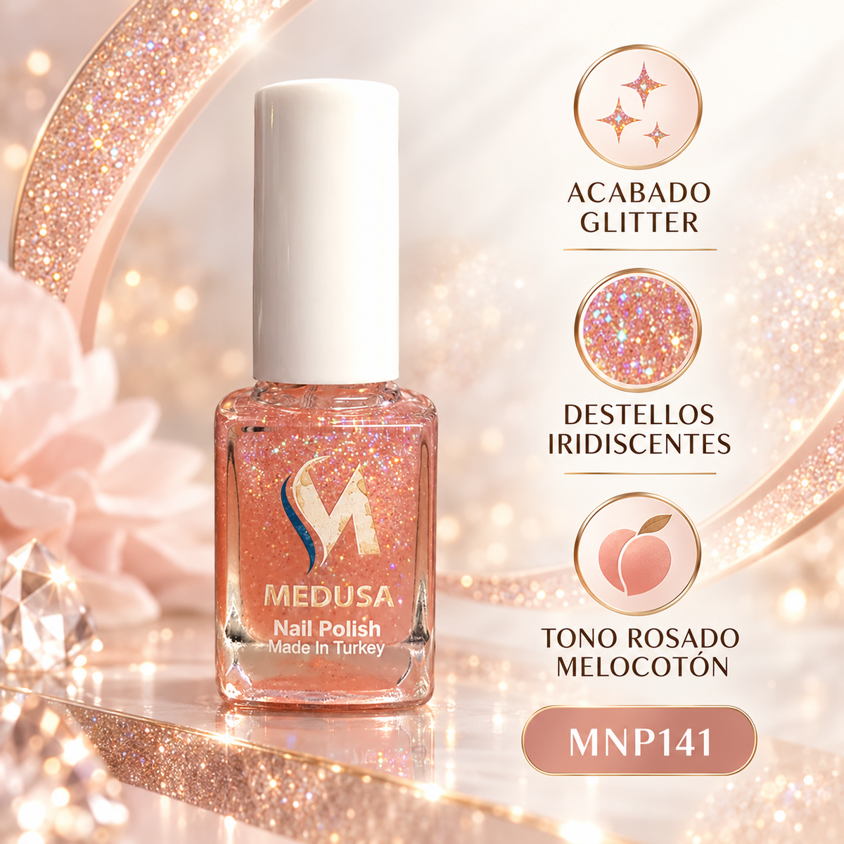 Medusa Esmalte Rosado Melocotón Glitter MNP141 0.37 oz