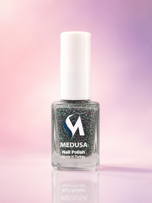 Medusa Nail Polish MNP144 Esmalte Negro Transparente con Glitter Multicolor para Uñas