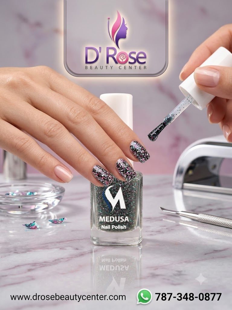 Medusa Nail Polish MNP144 Esmalte Negro Transparente con Glitter Multicolor para Uñas