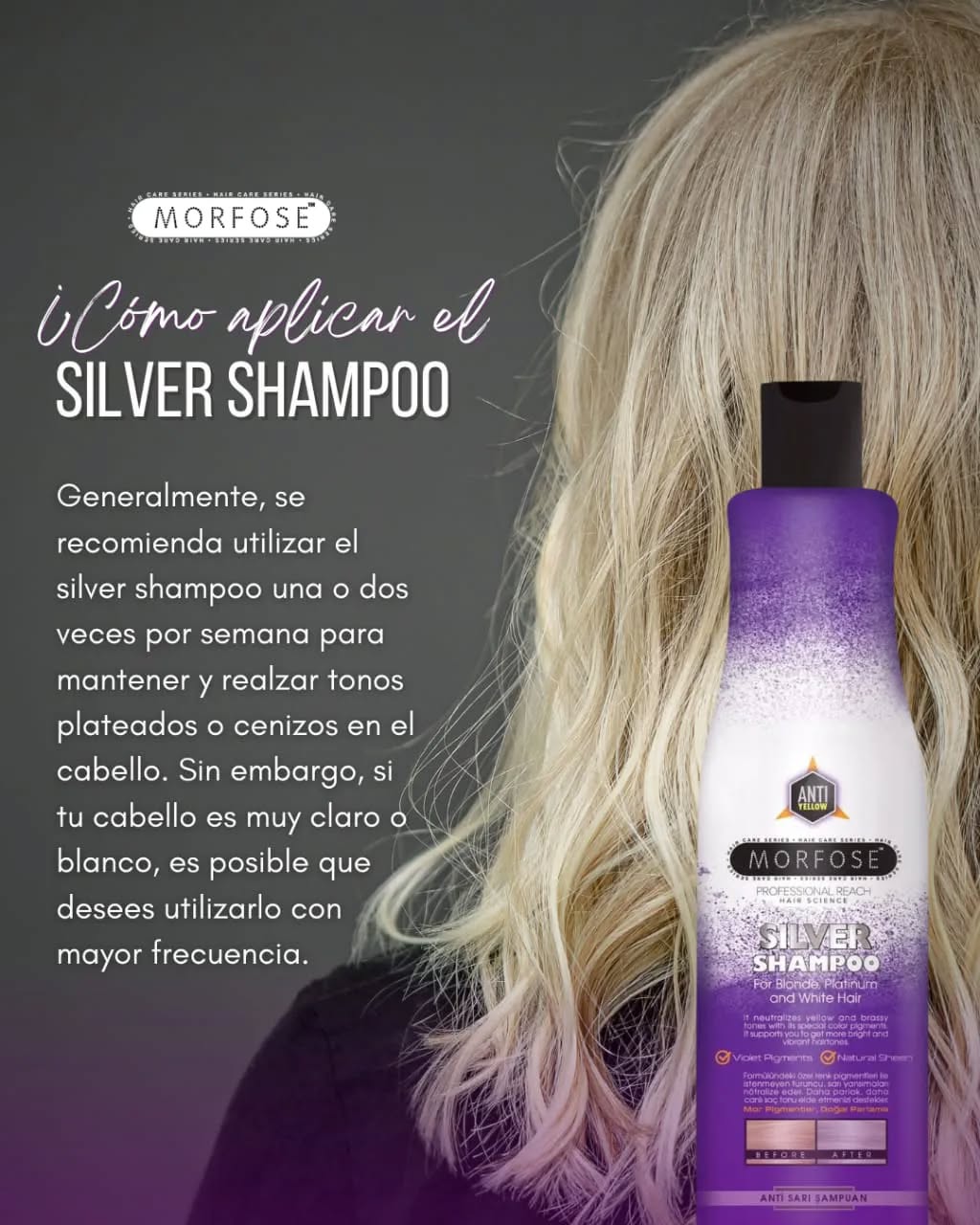 💜 Morfose Professional Silver Brightening Shampoo 16.9oz – Neutraliza tonos amarillos y realza el brillo del cabello claro