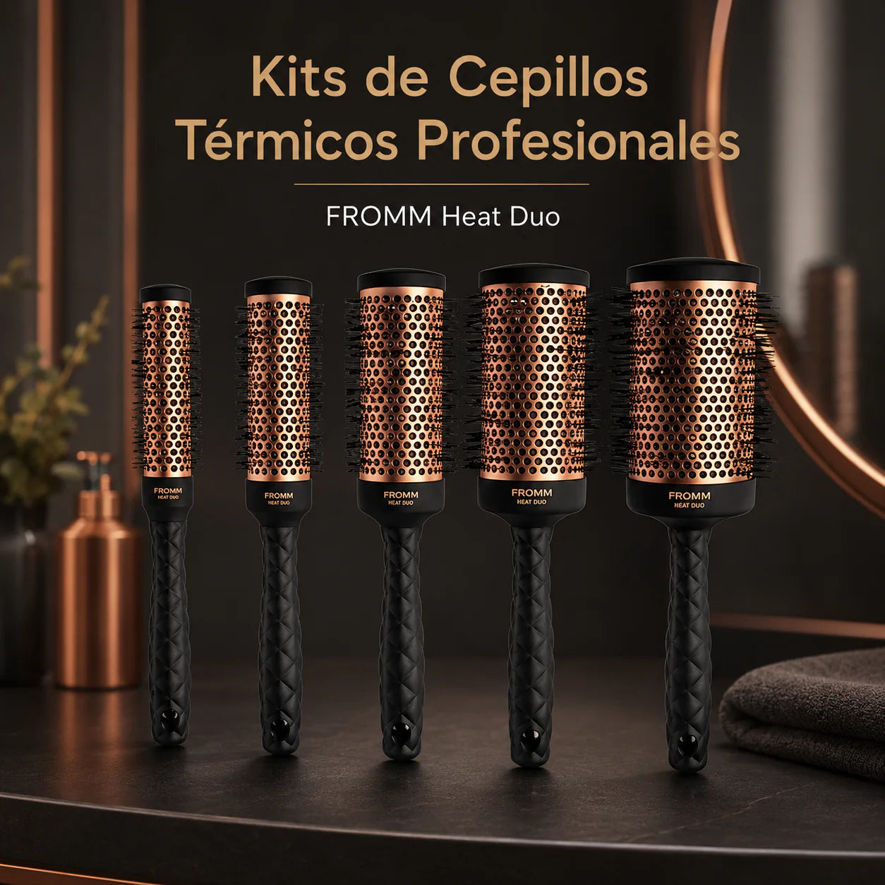 FROMM Heat Duo Kit de 5 Cepillos Térmicos Redondos Copper X Ceramic 1” a 2.5” NBB018–NBB022 para Blowouts Profesionales