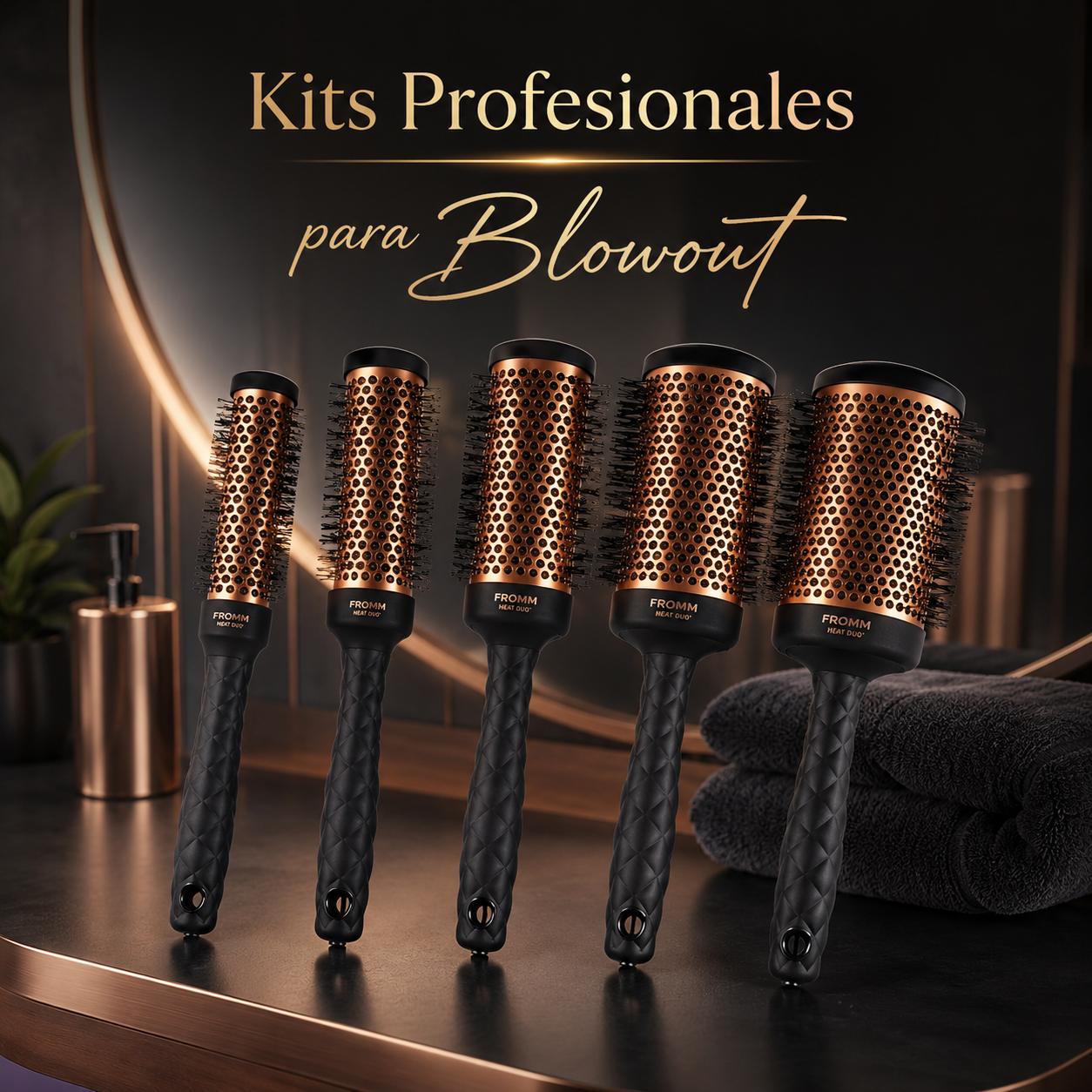 FROMM Heat Duo Kit de 5 Cepillos Térmicos Redondos Copper X Ceramic 1” a 2.5” NBB018–NBB022 para Blowouts Profesionales