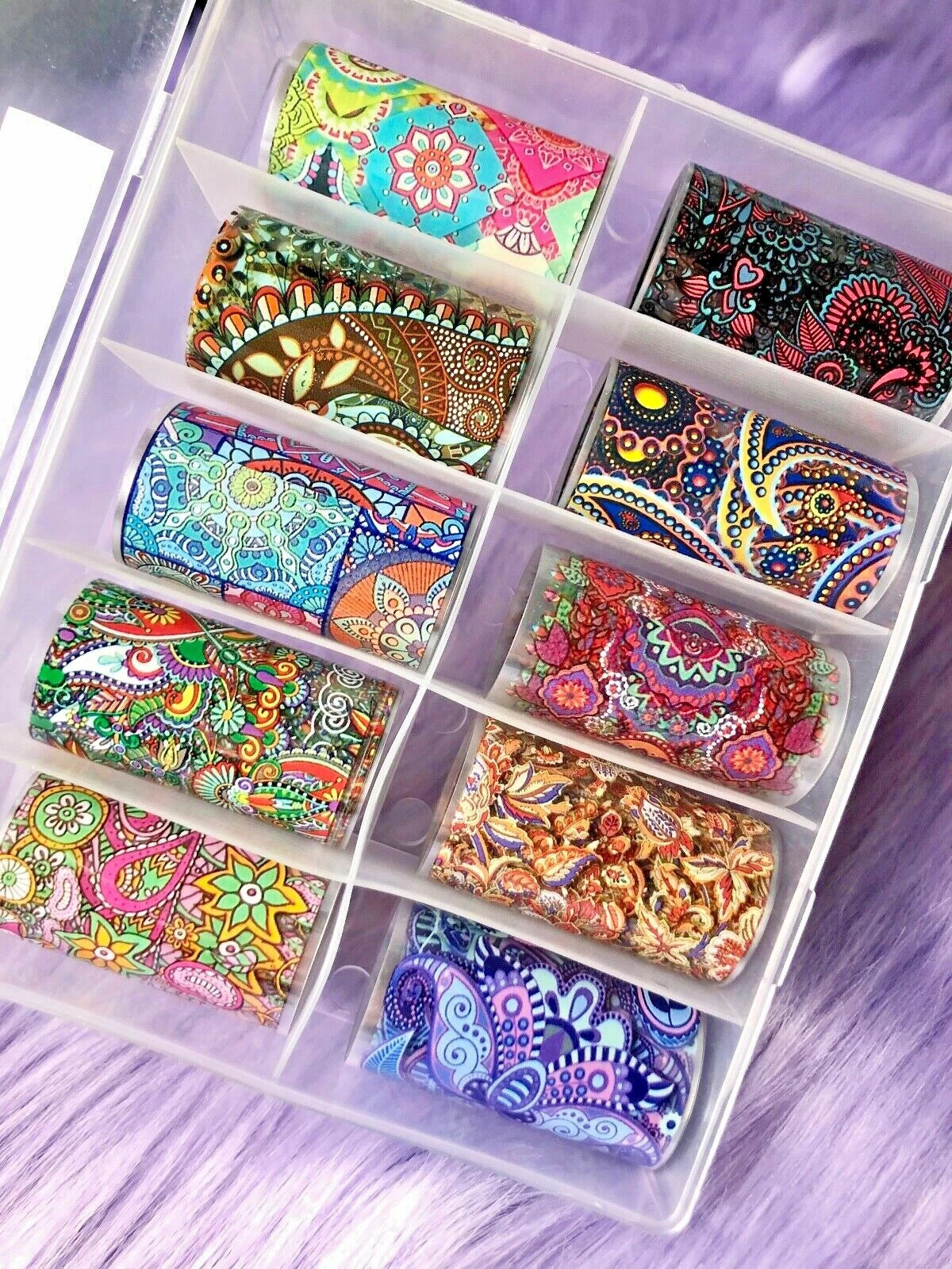 Spiral Nail Foil Sheets 10 Rolls NSB0131 – Diseños Boho y Mandala Multicolor