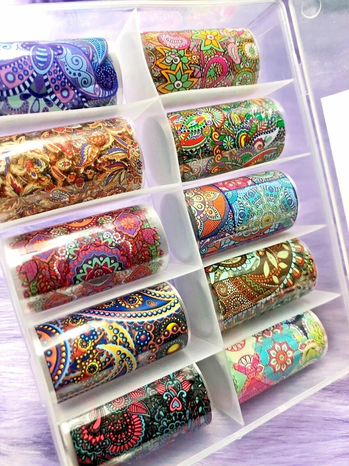 Spiral Nail Foil Sheets 10 Rolls NSB0131 – Diseños Boho y Mandala Multicolor
