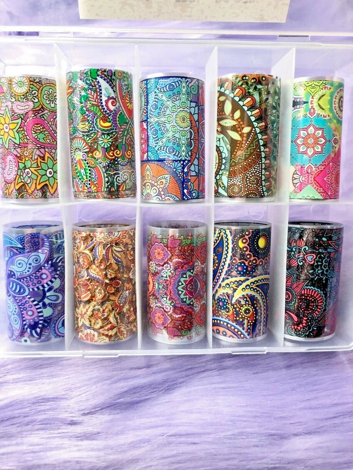 Spiral Nail Foil Sheets 10 Rolls NSB0131 – Diseños Boho y Mandala Multicolor