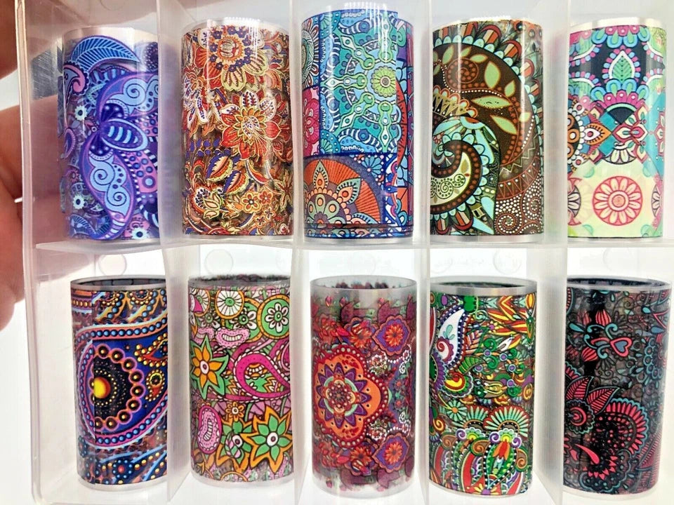 Spiral Nail Foil Sheets 10 Rolls NSB0131 – Diseños Boho y Mandala Multicolor