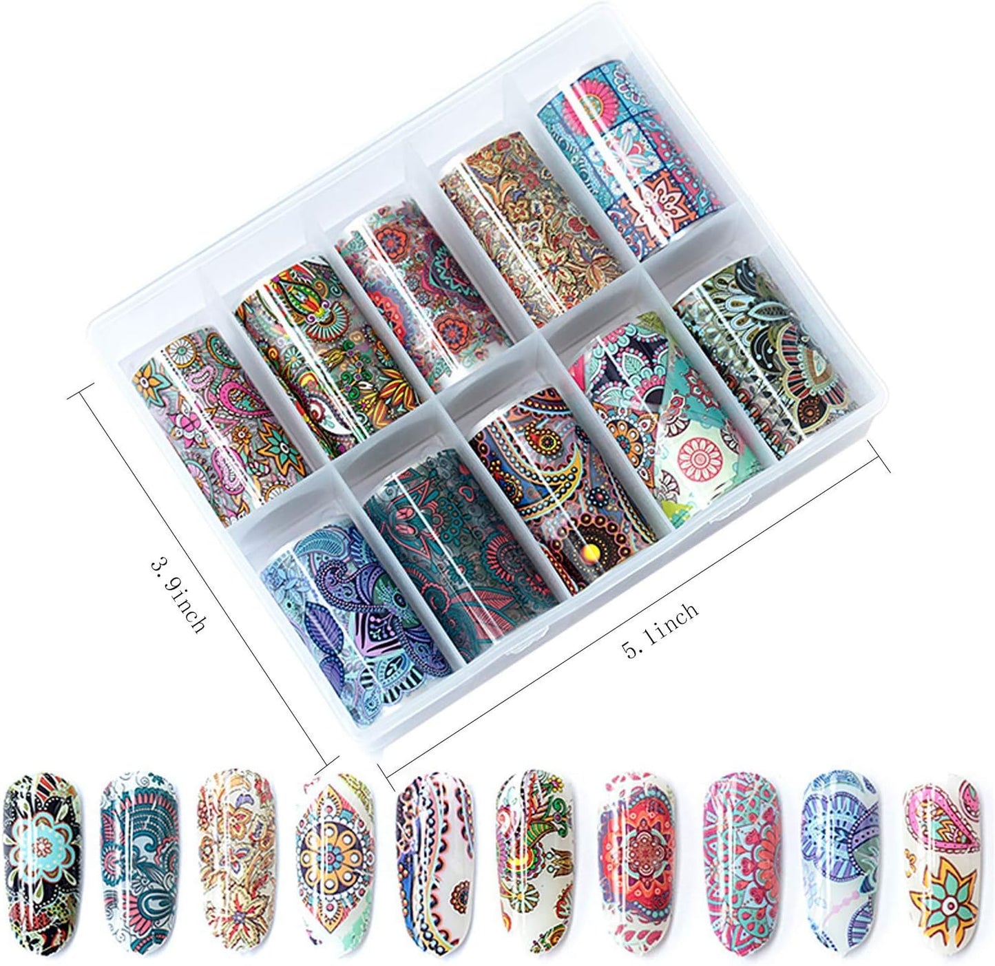 Spiral Nail Foil Sheets 10 Rolls NSB0131 – Diseños Boho y Mandala Multicolor