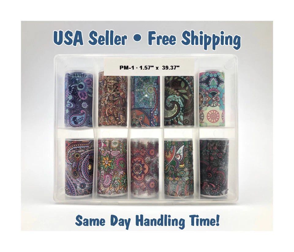 Spiral Nail Foil Sheets 10 Rolls NSB0131 – Diseños Boho y Mandala Multicolor