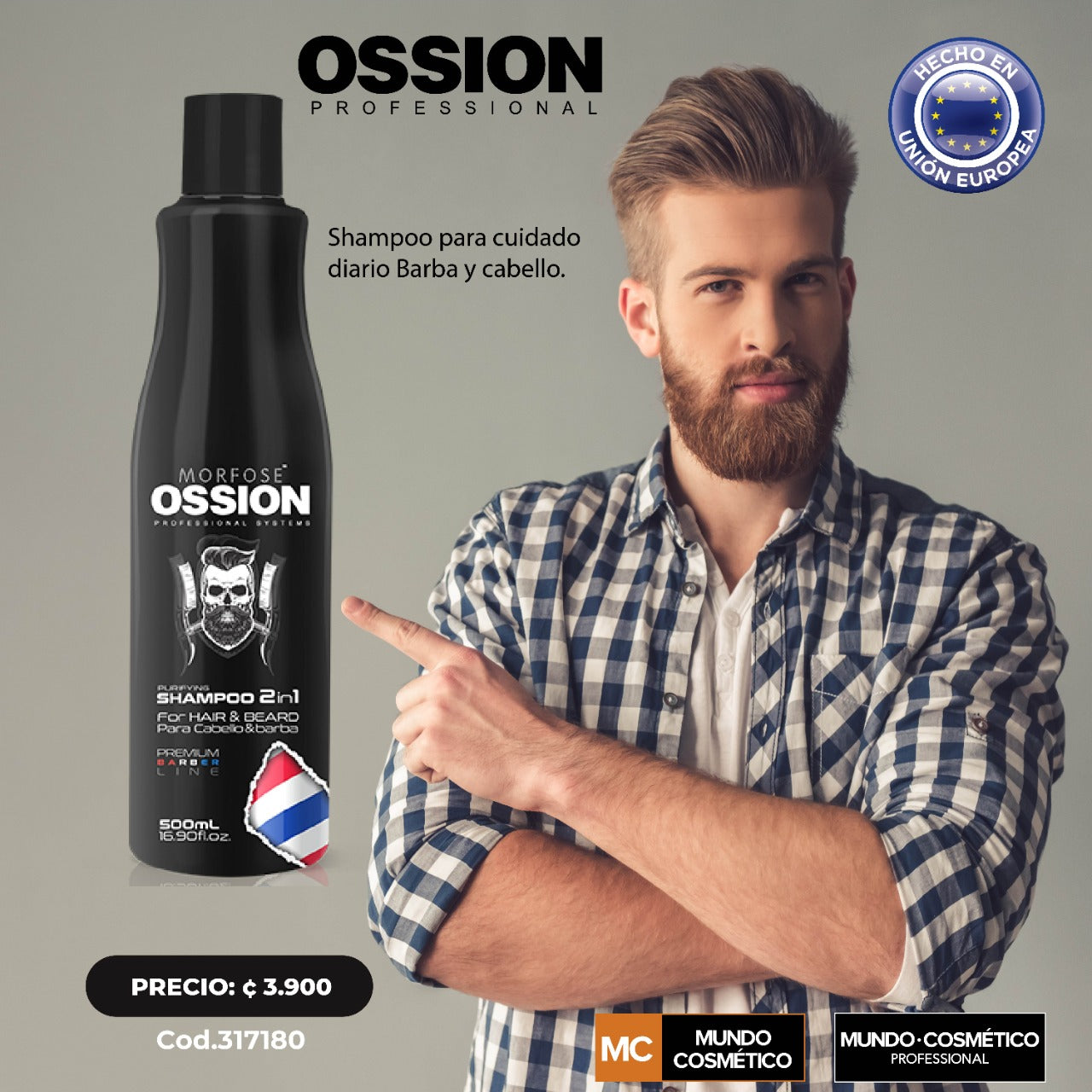 🧔 OSSION 2 en 1 Pourifying Shampoo (16.9oz) | Limpia, Acondiciona y Suaviza Cabello y Barba
