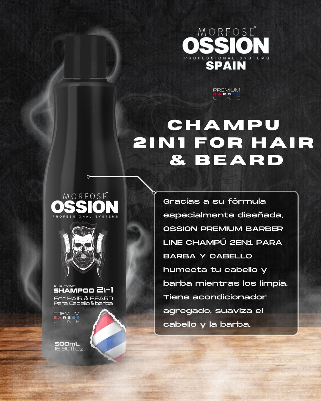 🧔 OSSION 2 en 1 Pourifying Shampoo (16.9oz) | Limpia, Acondiciona y Suaviza Cabello y Barba