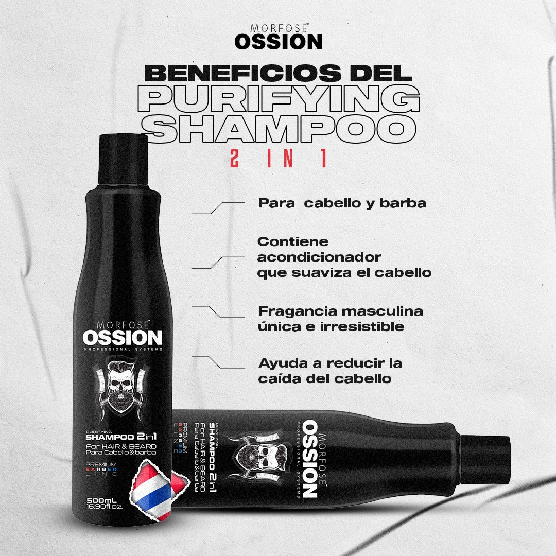 🧔 OSSION 2 en 1 Pourifying Shampoo (16.9oz) | Limpia, Acondiciona y Suaviza Cabello y Barba