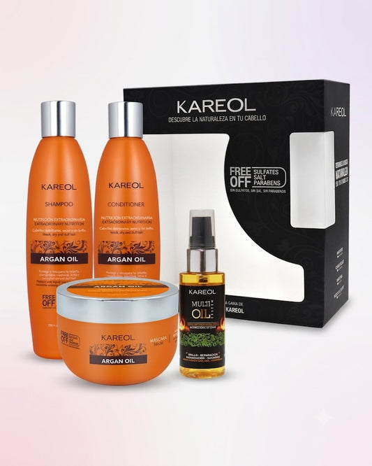 Kareol Argan Oil Kit de Mantenimiento 4PC – Shampoo, Acondicionador, Mascarilla y Multi Oil