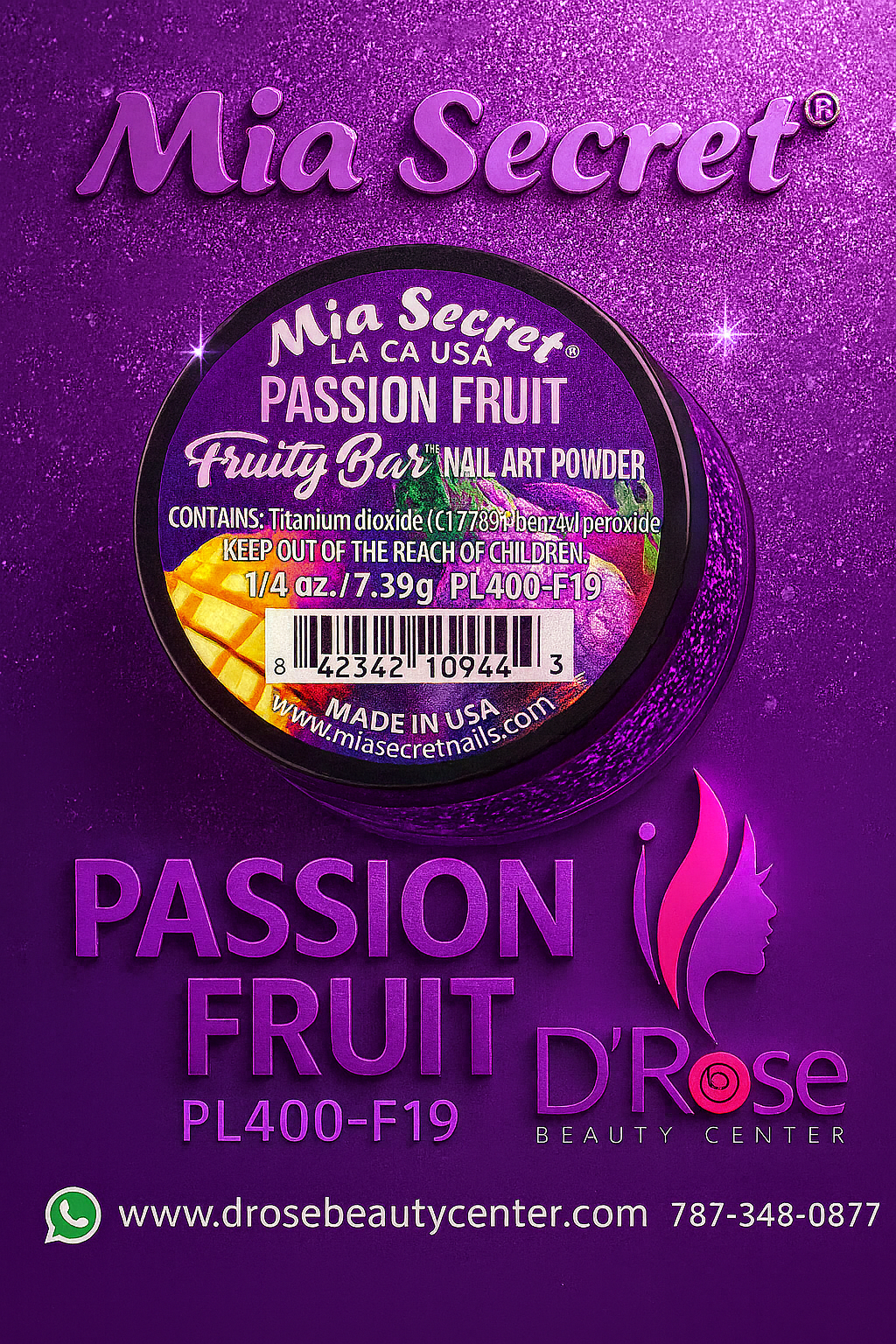 💜 Mia Secret Polvo Acrílico Passion Fruit (1/4 oz) | Colección Fruity Bar, Coloración Premium PL400-F19