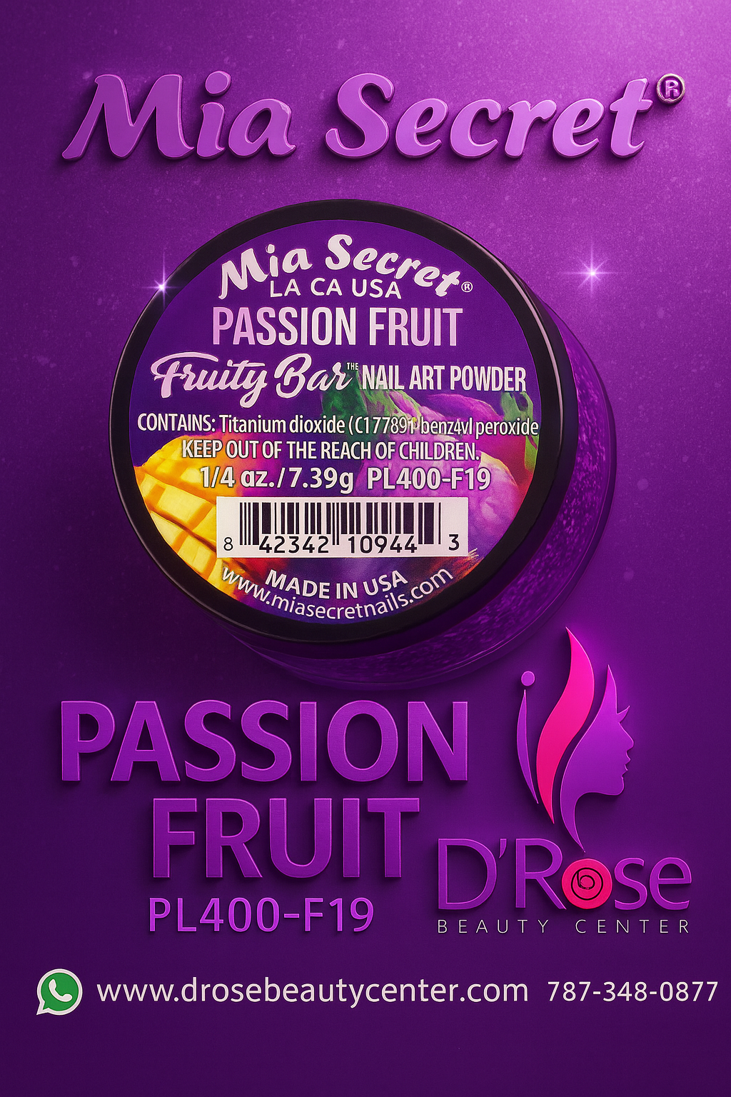 💜 Mia Secret Polvo Acrílico Passion Fruit (1/4 oz) | Colección Fruity Bar, Coloración Premium PL400-F19
