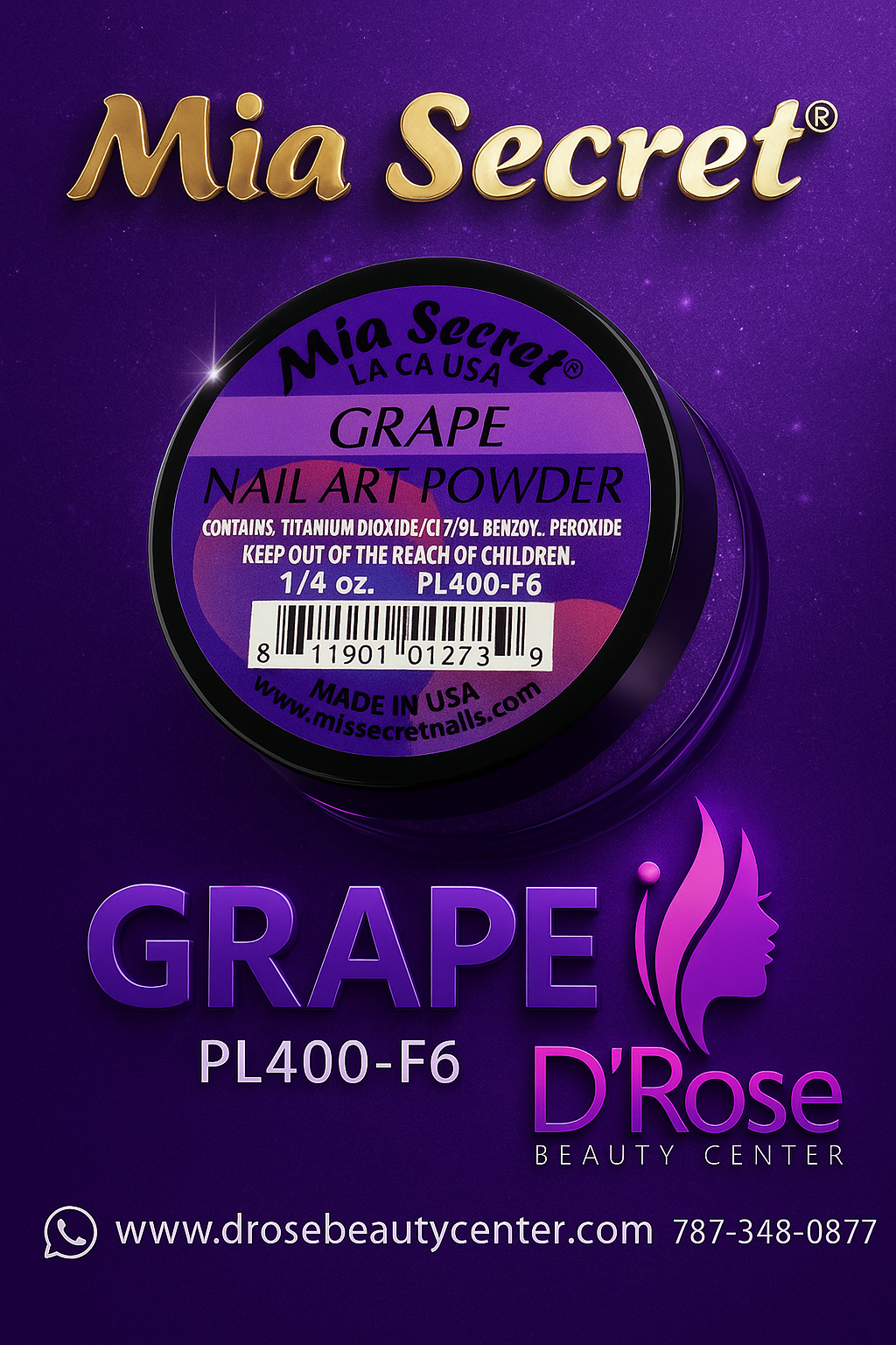 💜 Mia Secret Polvo Acrílico Grape (1/4 oz) | Colección Fruity, Tono Uva Intenso y Vibrante PL400-F6