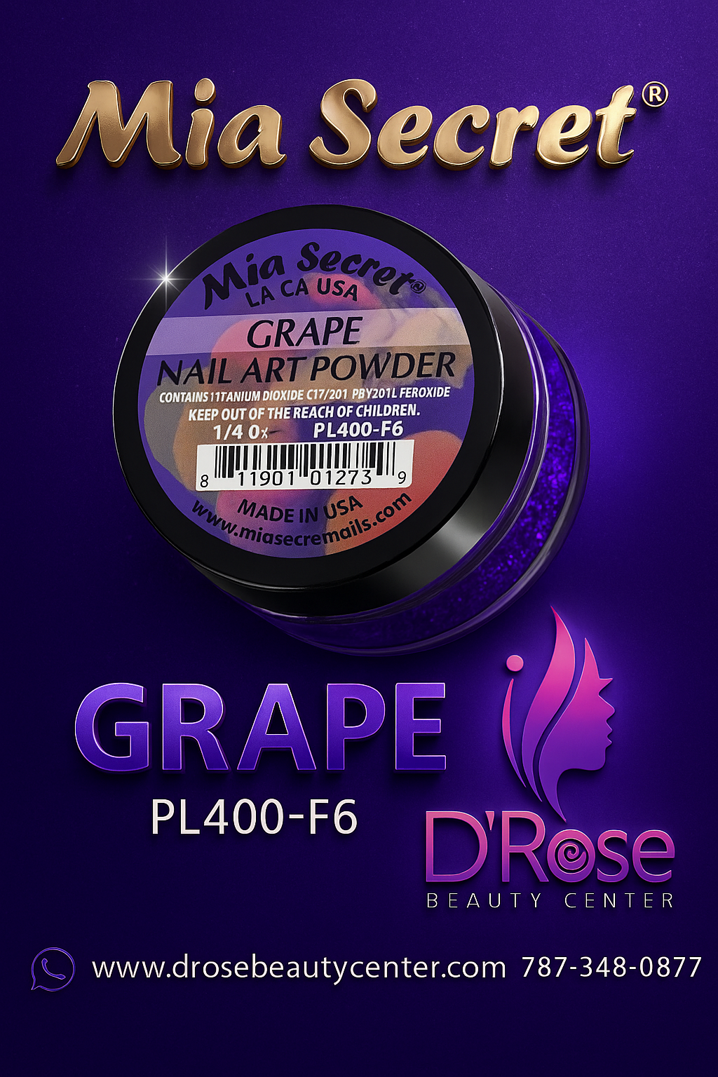 💜 Mia Secret Polvo Acrílico Grape (1/4 oz) | Colección Fruity, Tono Uva Intenso y Vibrante PL400-F6