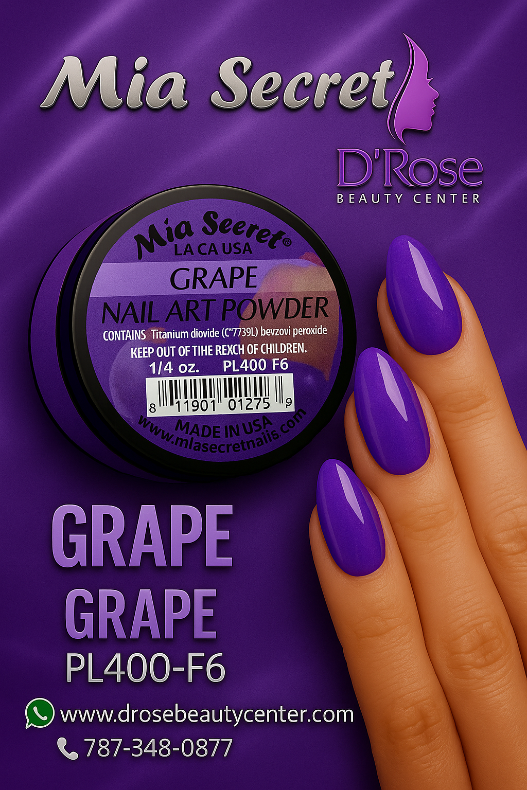 💜 Mia Secret Polvo Acrílico Grape (1/4 oz) | Colección Fruity, Tono Uva Intenso y Vibrante PL400-F6