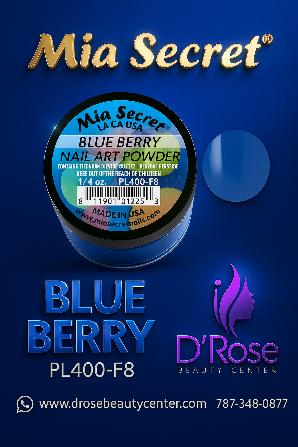 💧 Mia Secret Polvo Acrílico Blue Berry (1/4 oz) | Colección Fruity, Tono Azul Profundo PL400-F8